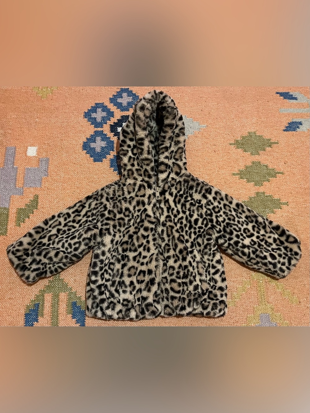Zara Kids Faux Fur Leopard Hooded Jacket - Beige/Black